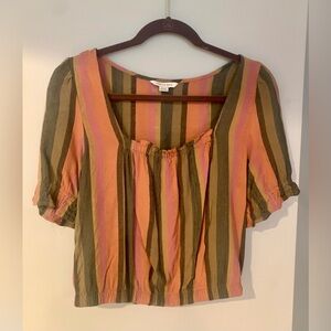 American Eagle Outfitters Coral and Green Puff Sleeve Crop Blouse - M